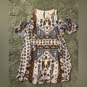 Entro Ivory Blue Brown Aztec Pattern Printed Cold Shoulder Shift Dress Size M